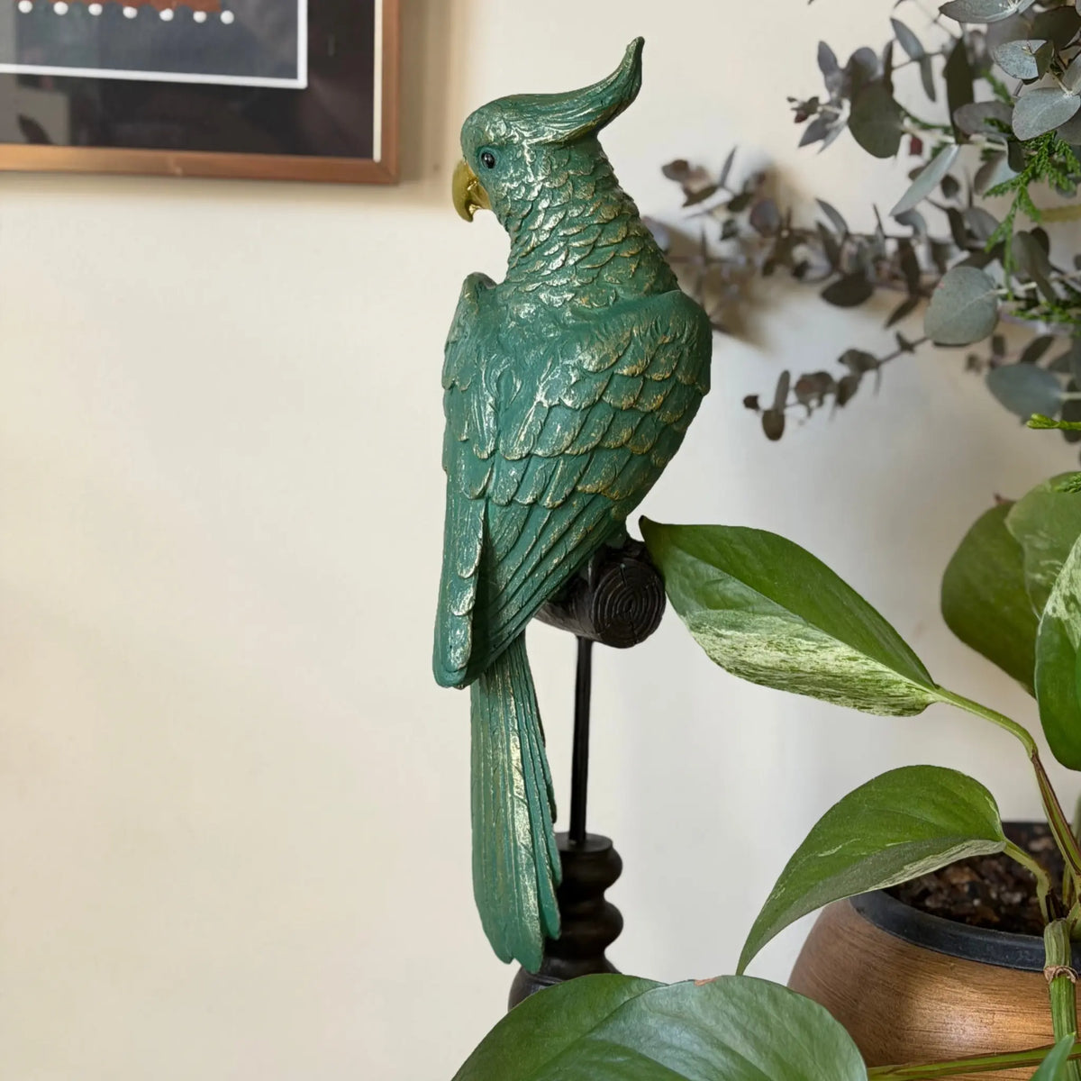 Cosmo Green Parrot on Perch The Wolf and Peacock