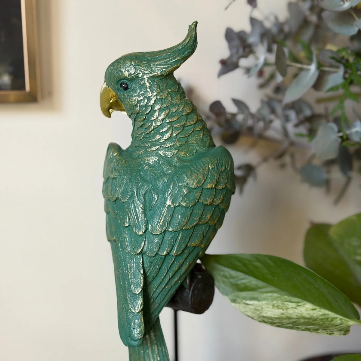 Cosmo Green Parrot on Perch The Wolf and Peacock