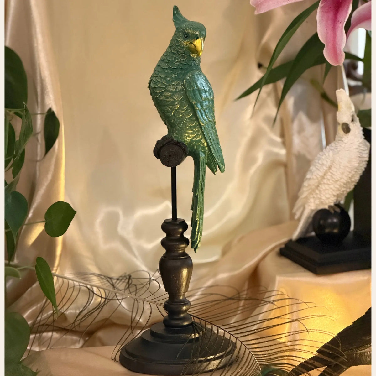 Cosmo Green Parrot on Perch The Wolf and Peacock