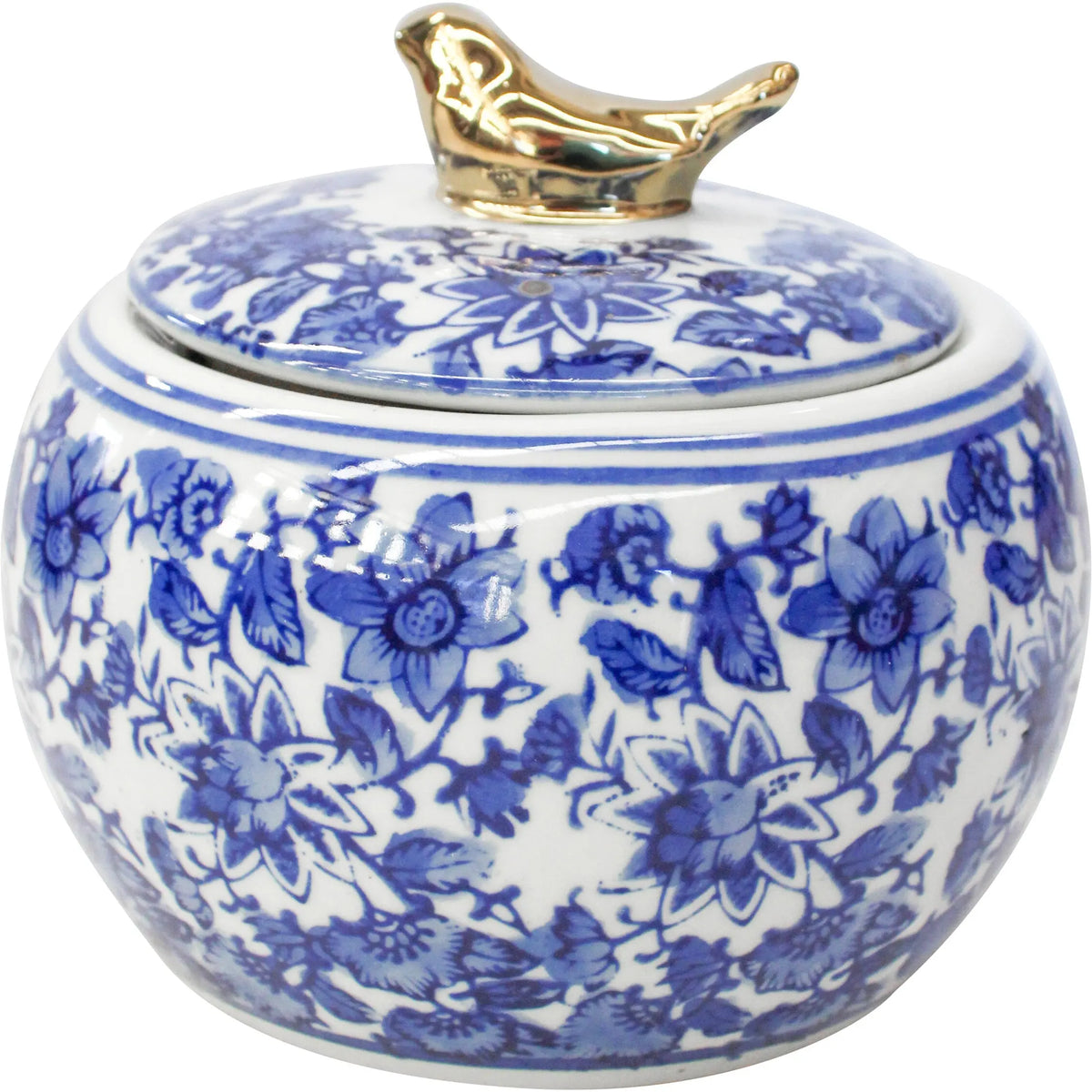 Ceramic jar with blue floral patterns and a gold lid finial on a white background