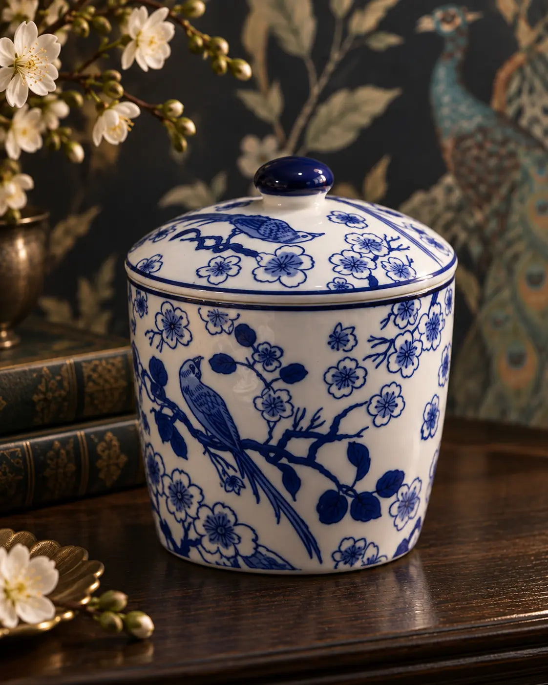 A white ceramic lidded jar decorated with blue floral and bird motifs, displayed on a dark wooden surface against a patterned wallpaper background with books and flowers.
