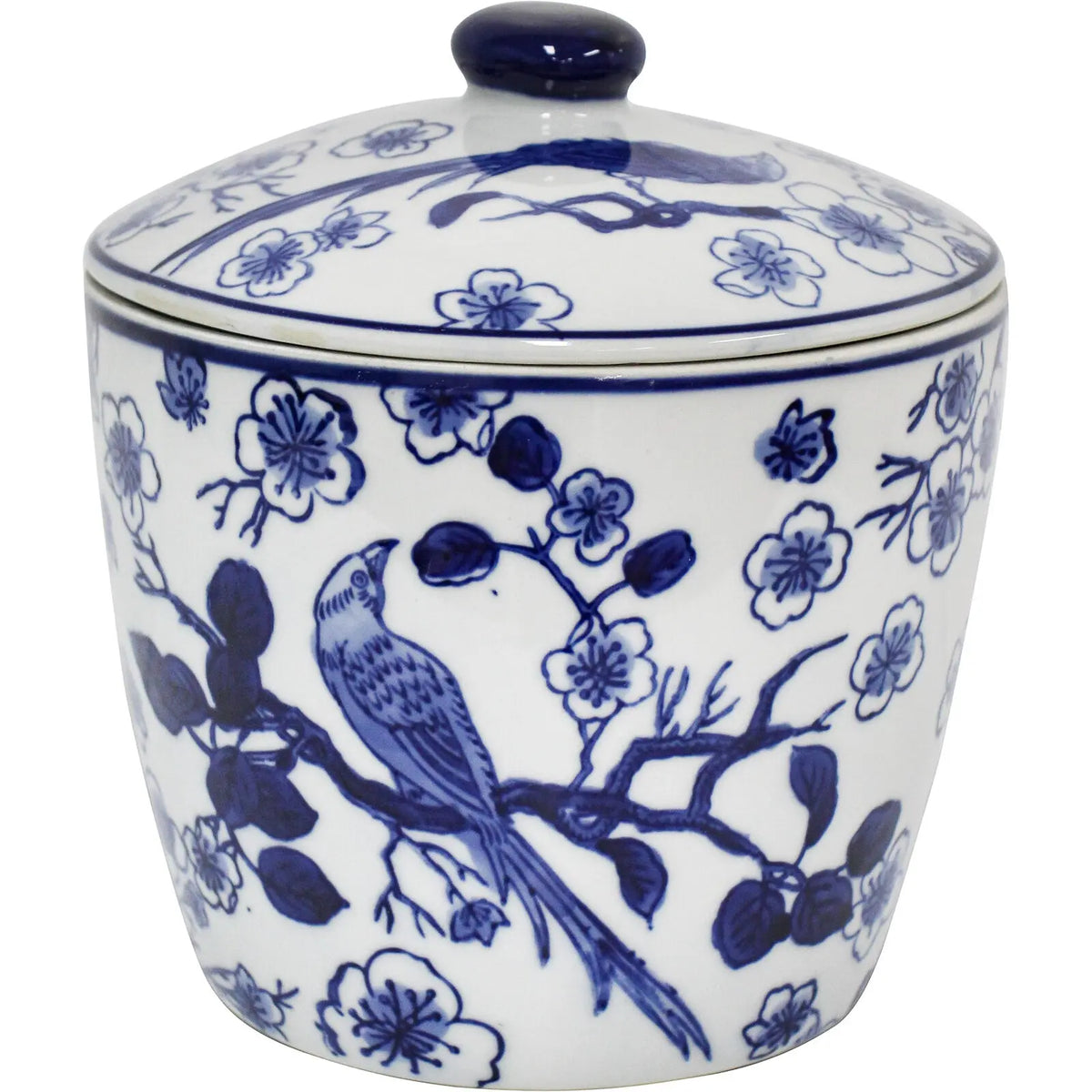 Blue and white ceramic jar with floral and bird design on a white background