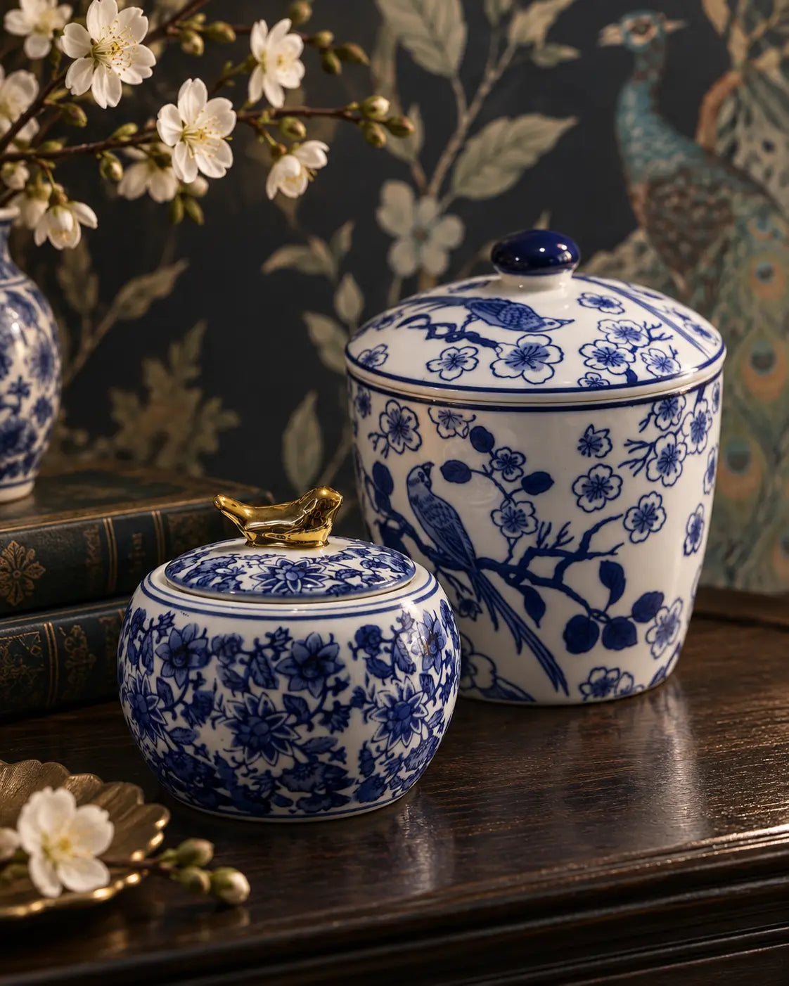 Two blue and white porcelain lidded jars with gold-toned decorative lids, displayed on a dark wooden table against a dark floral wallpaper background.
