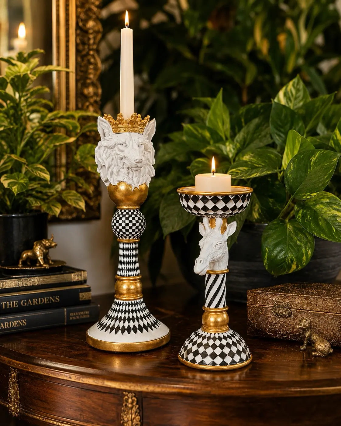 Curious Creatures Black and White Candle Holders The Wolf and Peacock