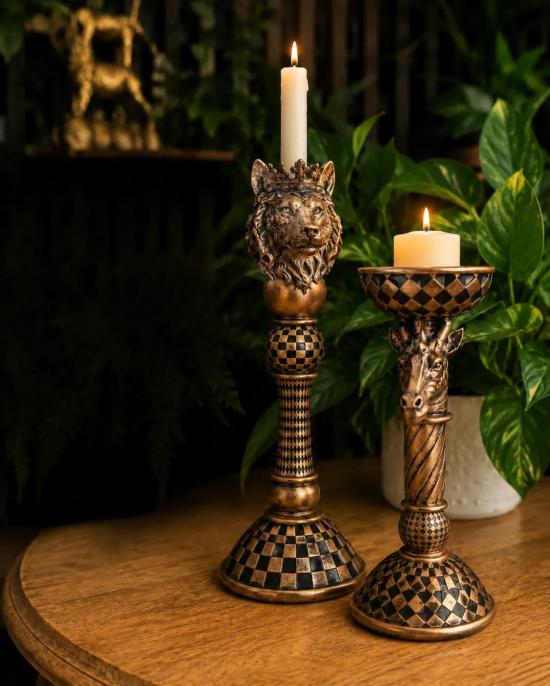 Curious Creatures Bronze Candle Holders The Wolf and Peacock